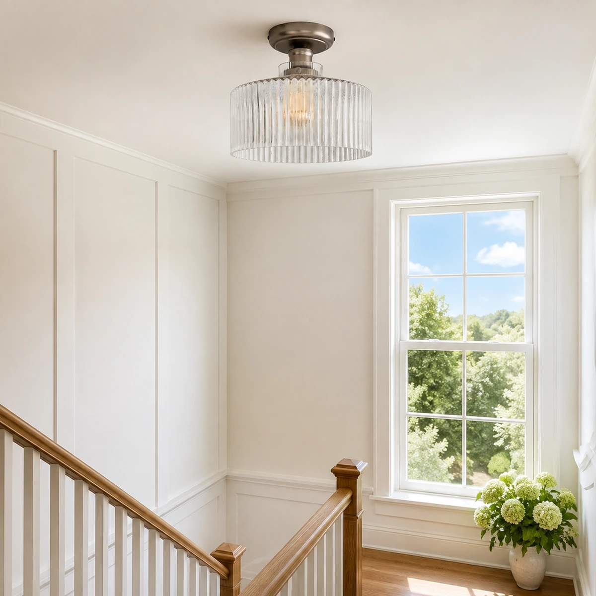 Beacon flush mount above a stair landing