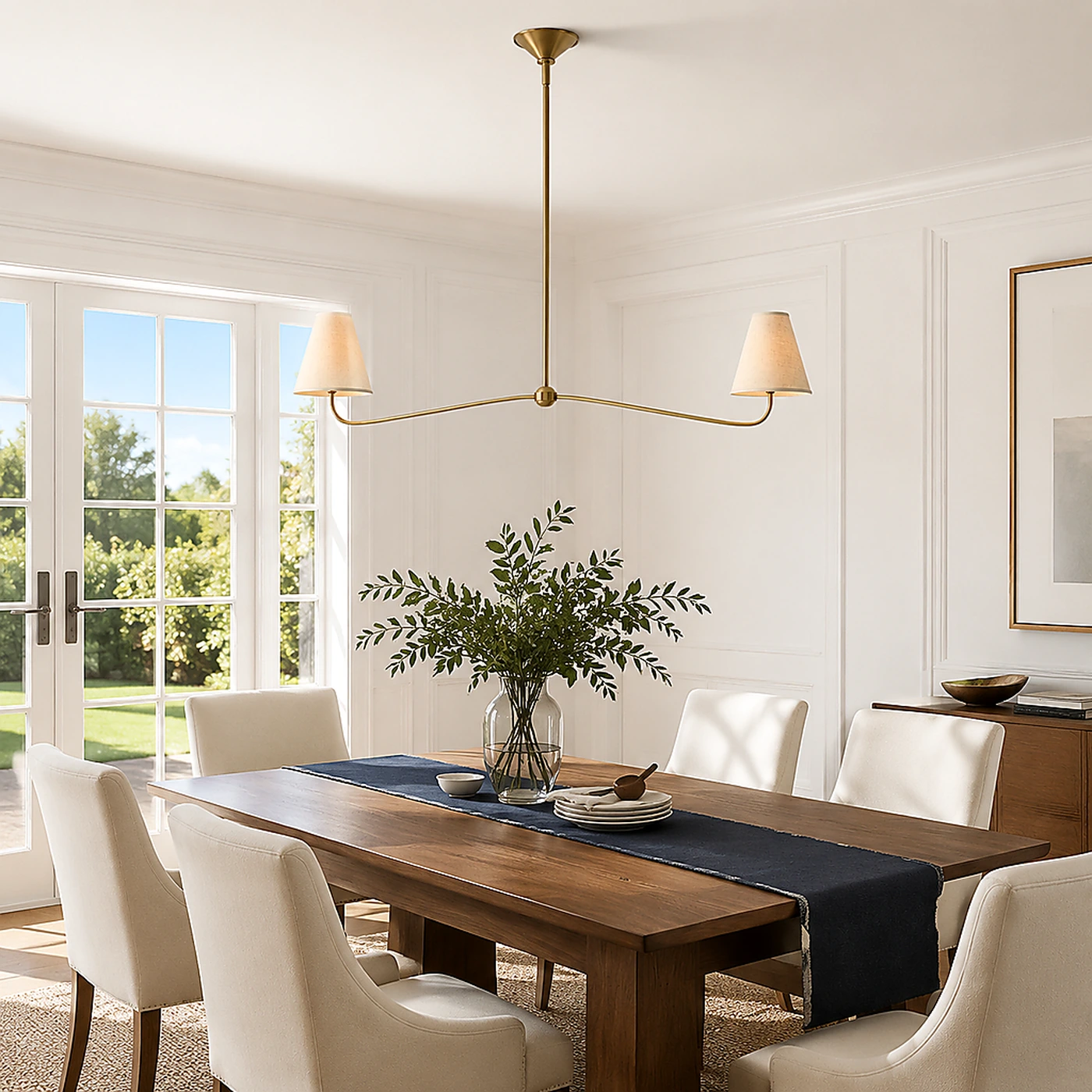 Two Plain / Dining featuring the Jethro linen linear chandelier