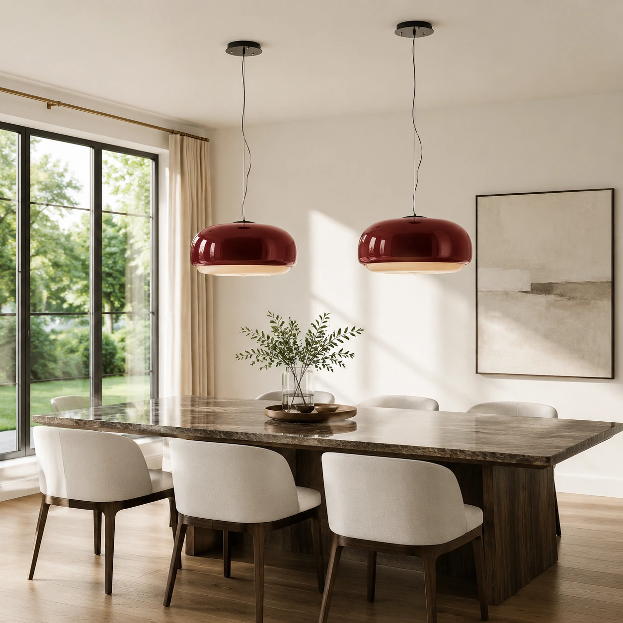 Two large Burgundy Sanae pendants above a dining table