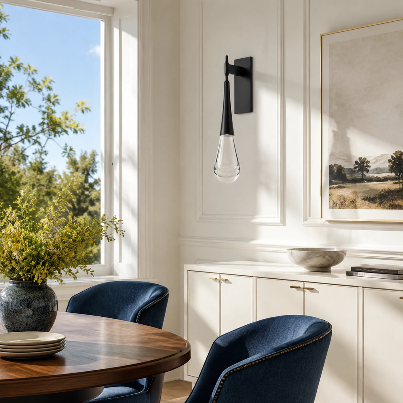 Matte Black Dining featuring the Paciano Water Drop Sconce