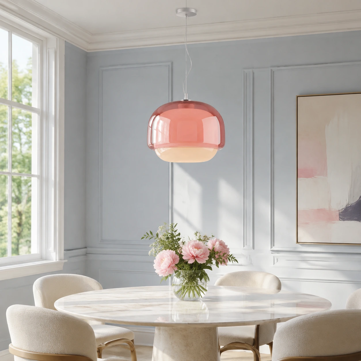 Blush Sanae pendant above a bright dining table