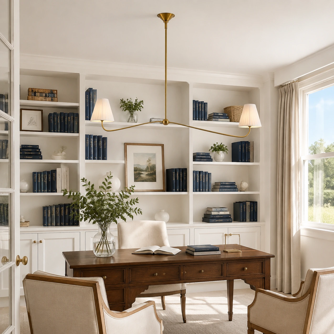 Two Pleated / Library featuring the Jethro linen linear chandelier