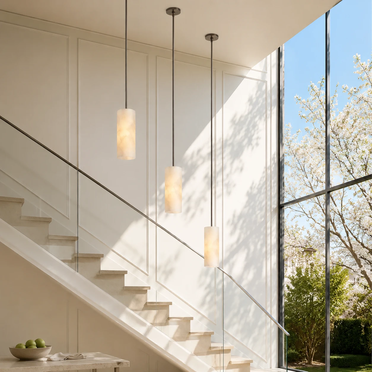 Three Brushed Nickel Eamon pendants over a stair