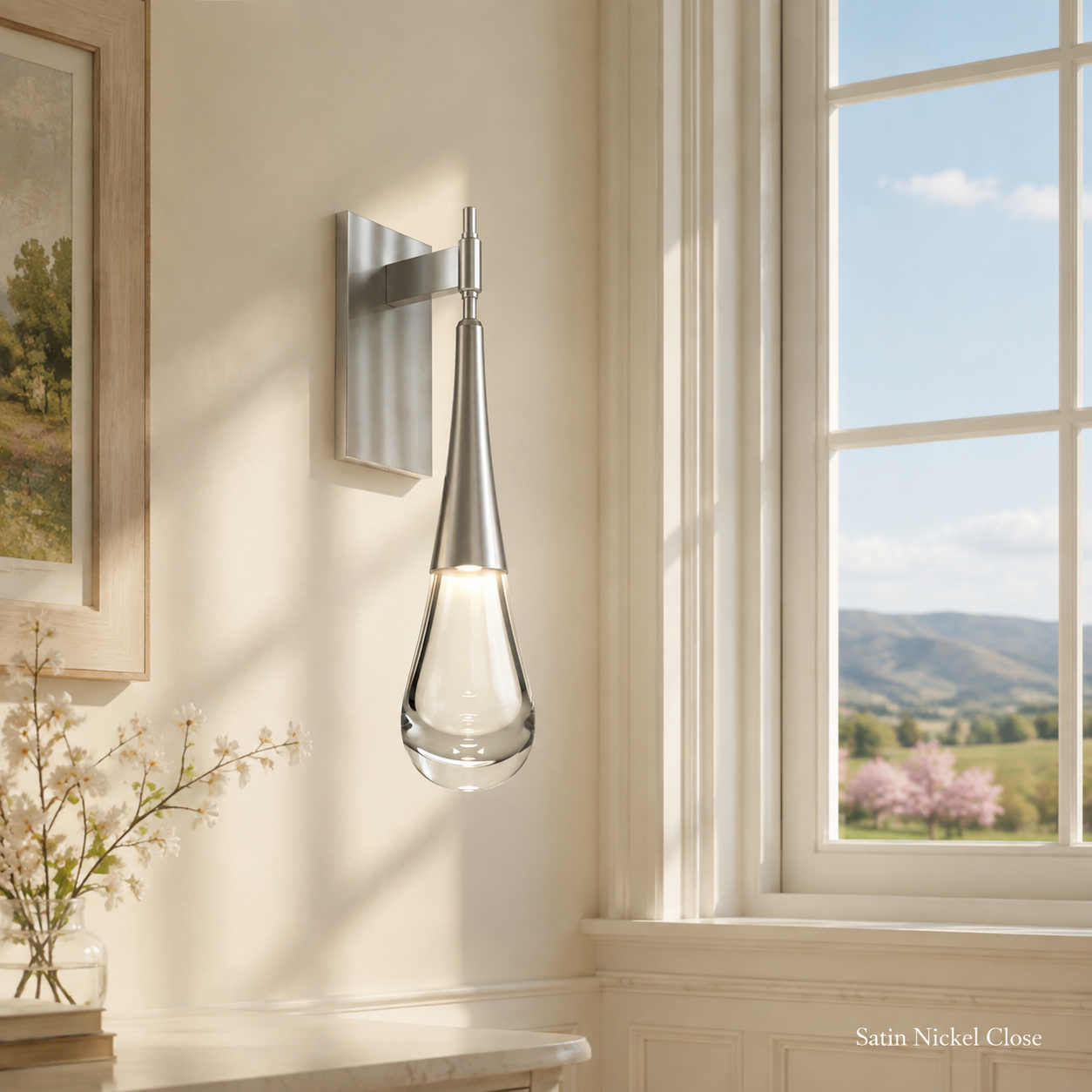 Satin Nickel Close featuring the Paciano Water Drop Sconce