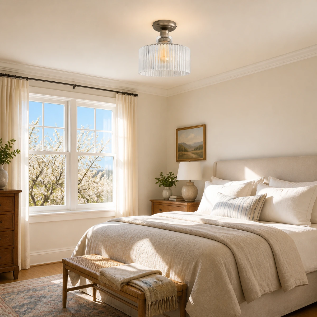 Beacon flush mount in a bright bedroom