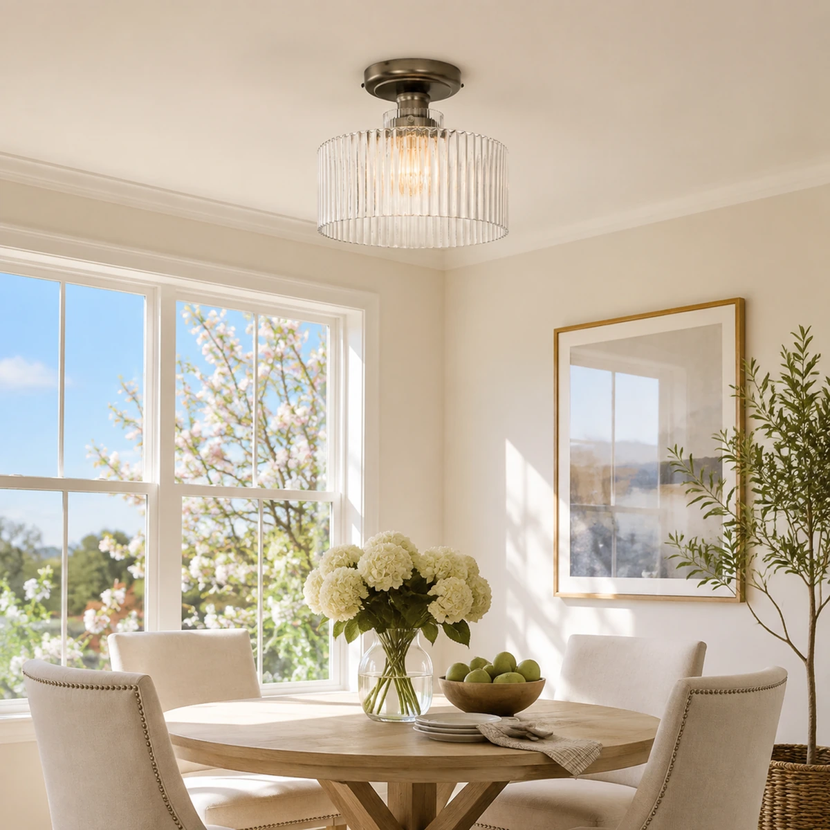 Beacon flush mount in a sunny breakfast nook