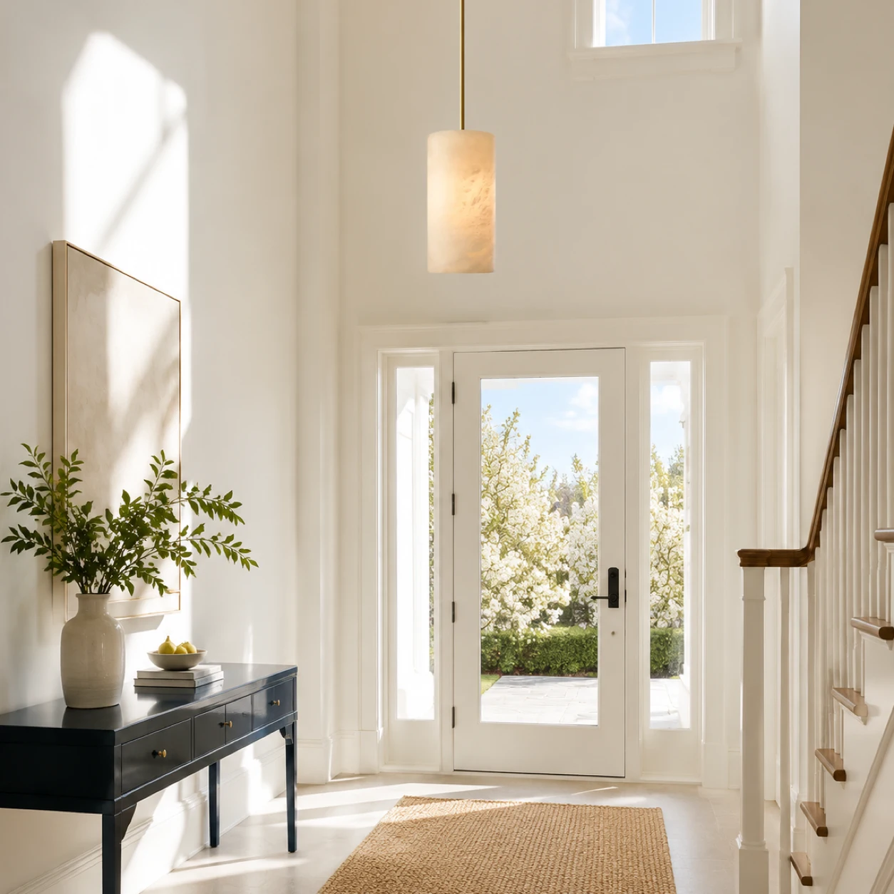 Brass Eamon pendant in a bright entryway