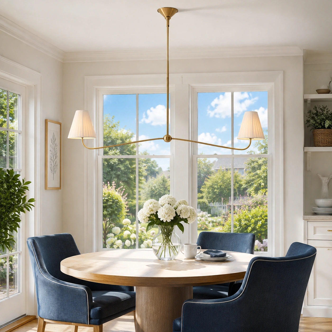 Two Pleated / Breakfast featuring the Jethro linen linear chandelier