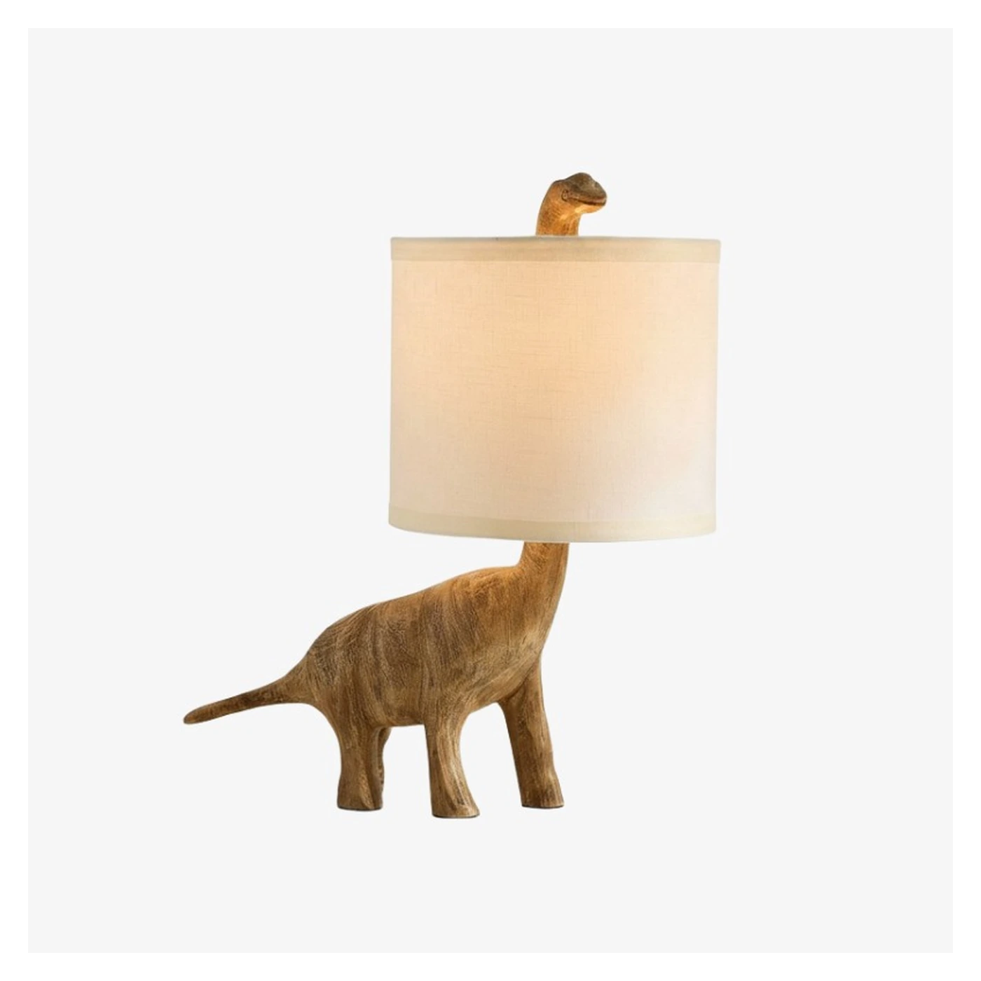 Ragnar Modern Linen Shade Jurassic Dinosaur Carved Wood Table Lamp - detail white background