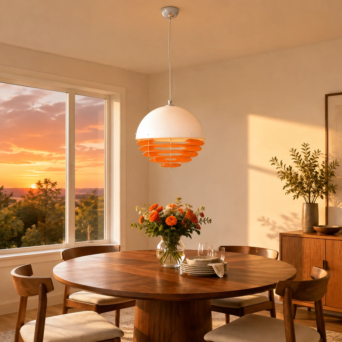 Pendentif Atanua au-dessus d'une table à manger au coucher du soleil
