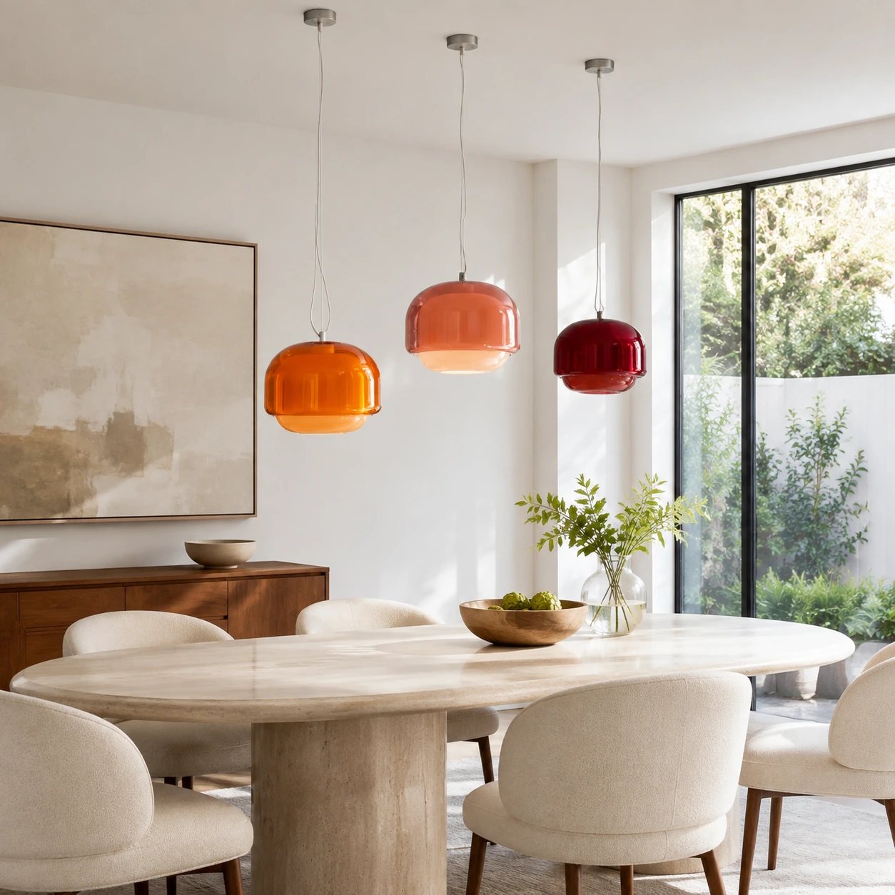 Orange Blush and Burgundy Sanae pendants grouped above a dining table