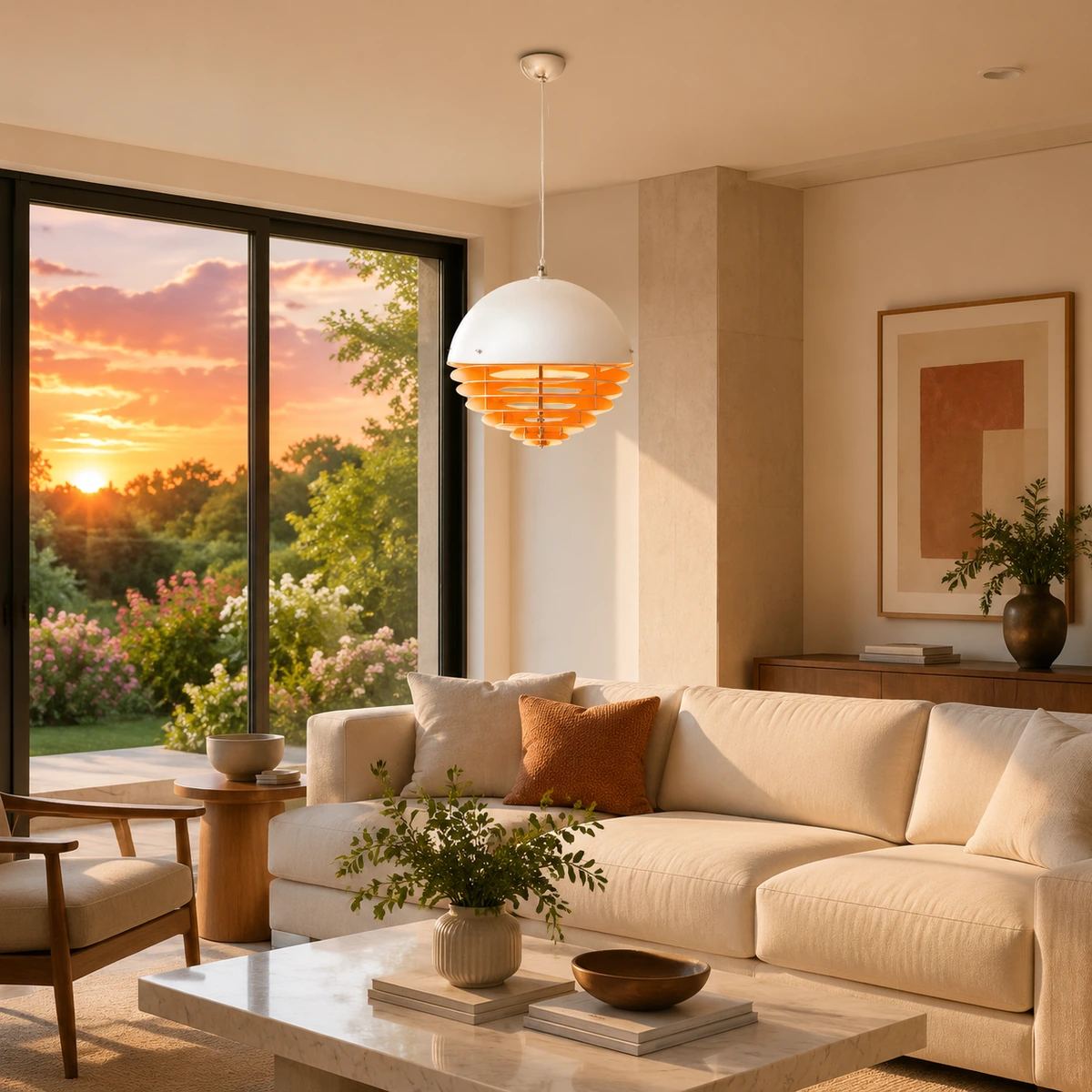 Pendentif Atanua dans un salon au coucher du soleil