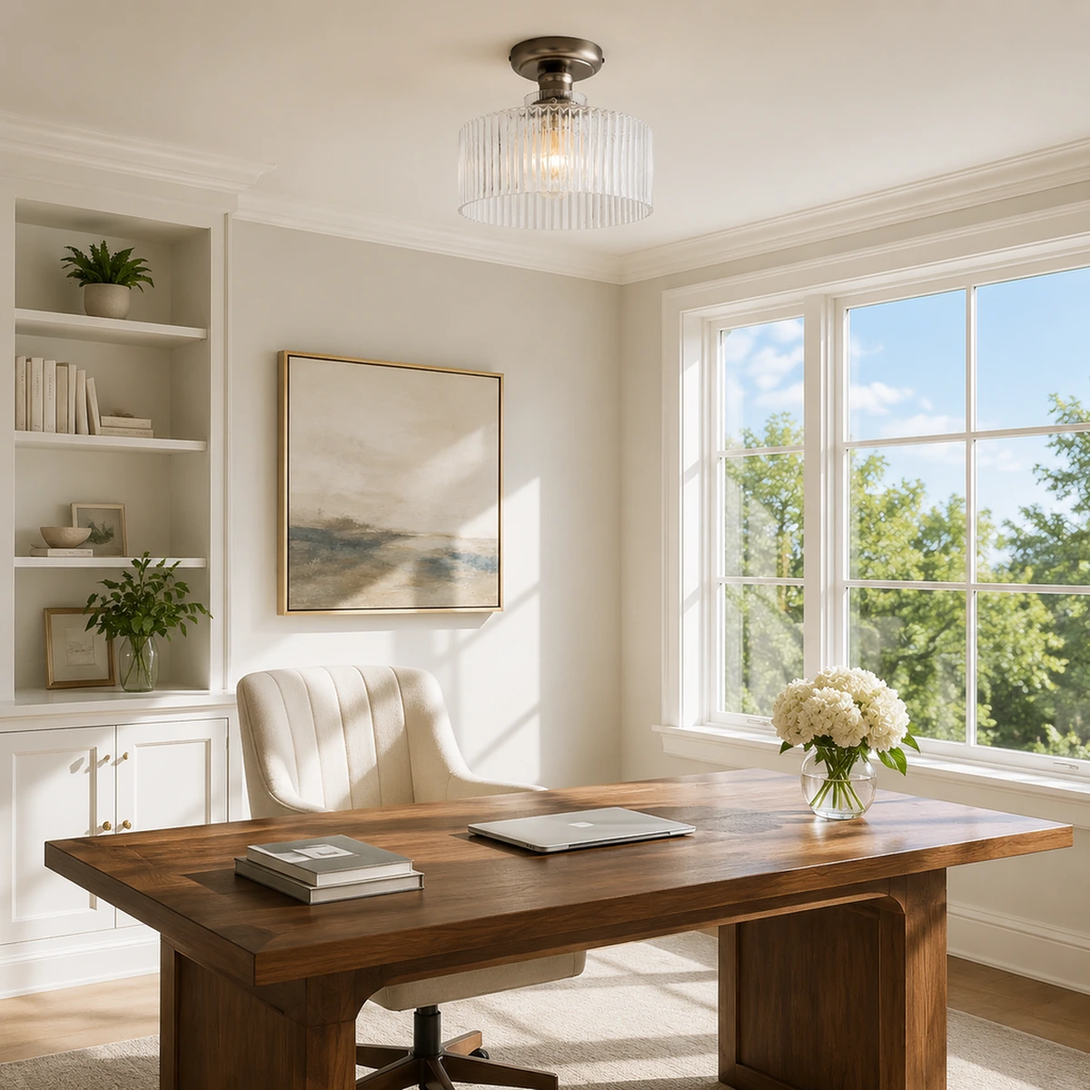 Beacon flush mount in a bright home office