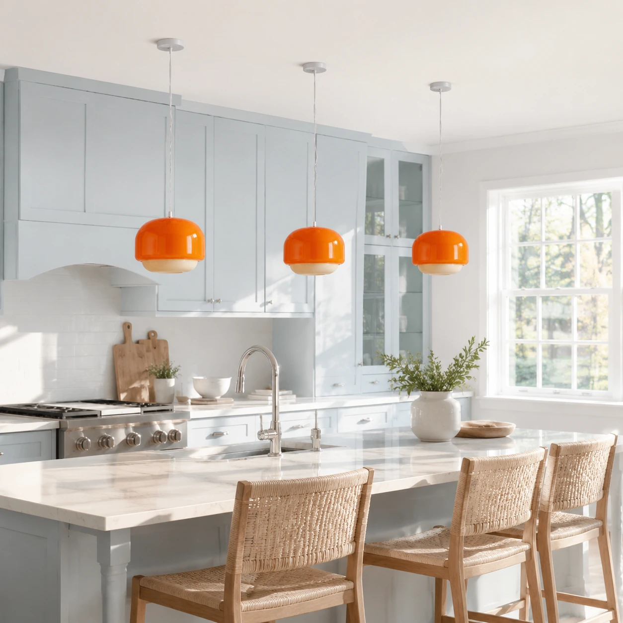 Three Orange Sanae pendants over a kitchen island