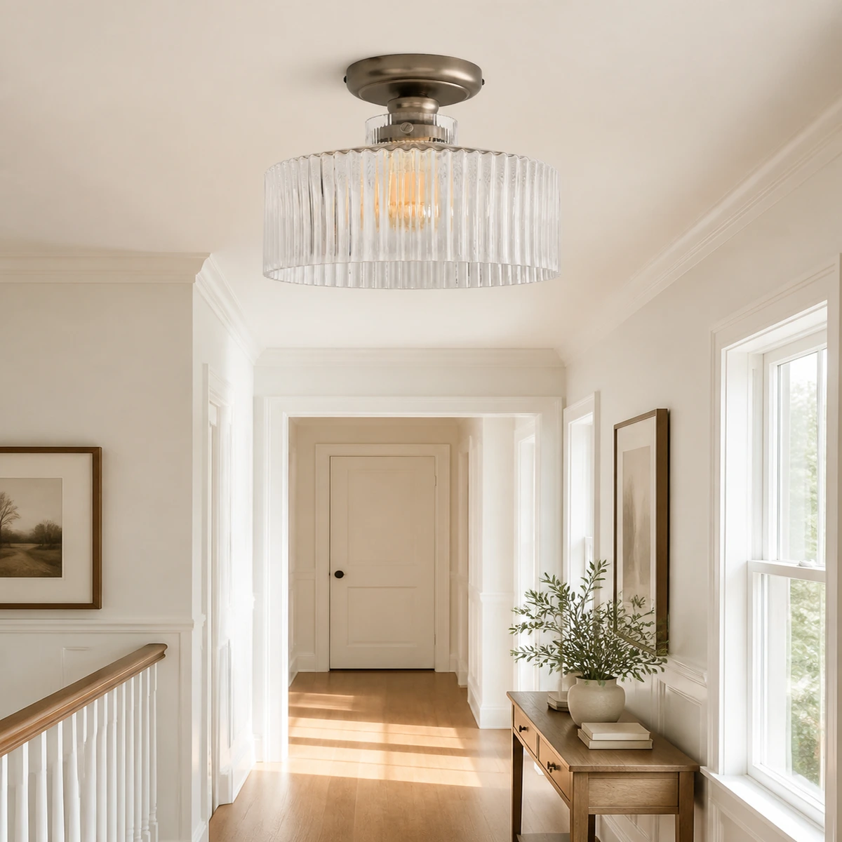 Beacon flush mount in a paneled hallway