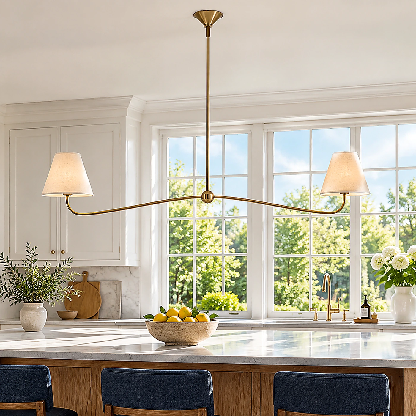 Jethro two-head plain linen chandelier in a bright kitchen