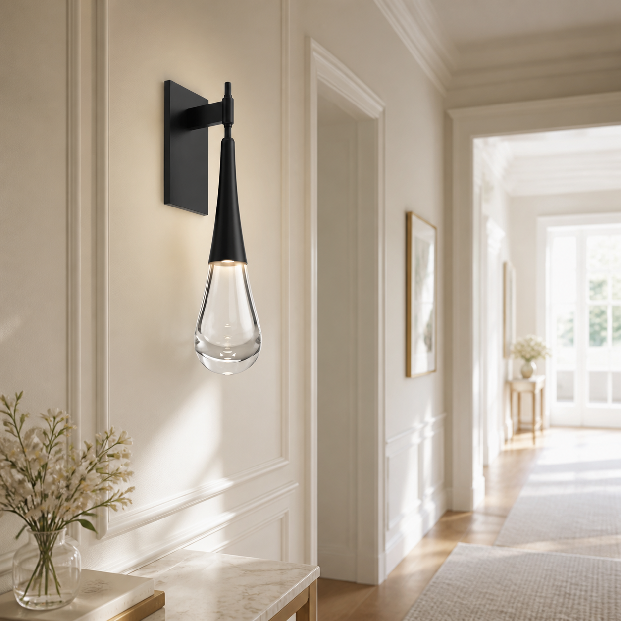 Heritage Brass Hallway featuring the Paciano Water Drop Sconce