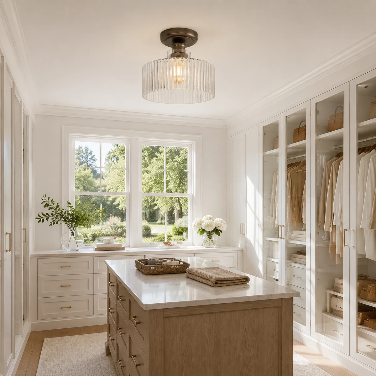 Beacon flush mount in a modern dressing room