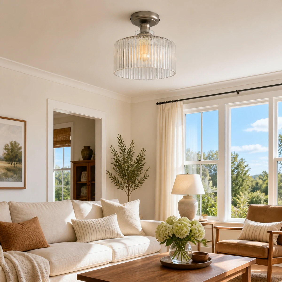 Beacon flush mount in a bright living room