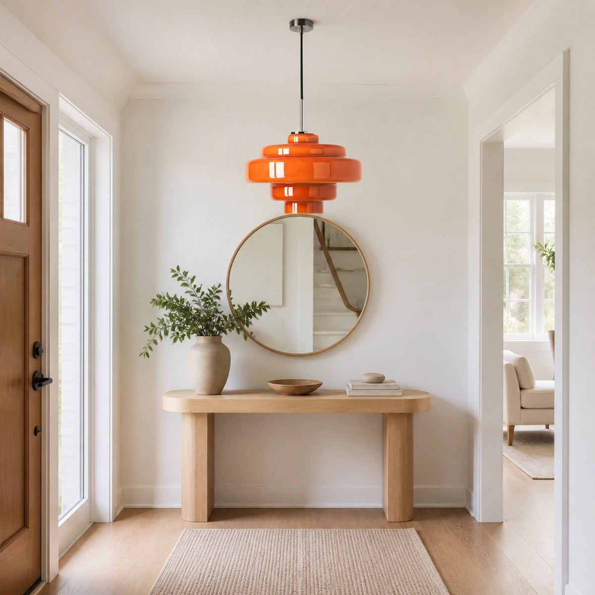 Orange layered glass pendant light in an entry foyer