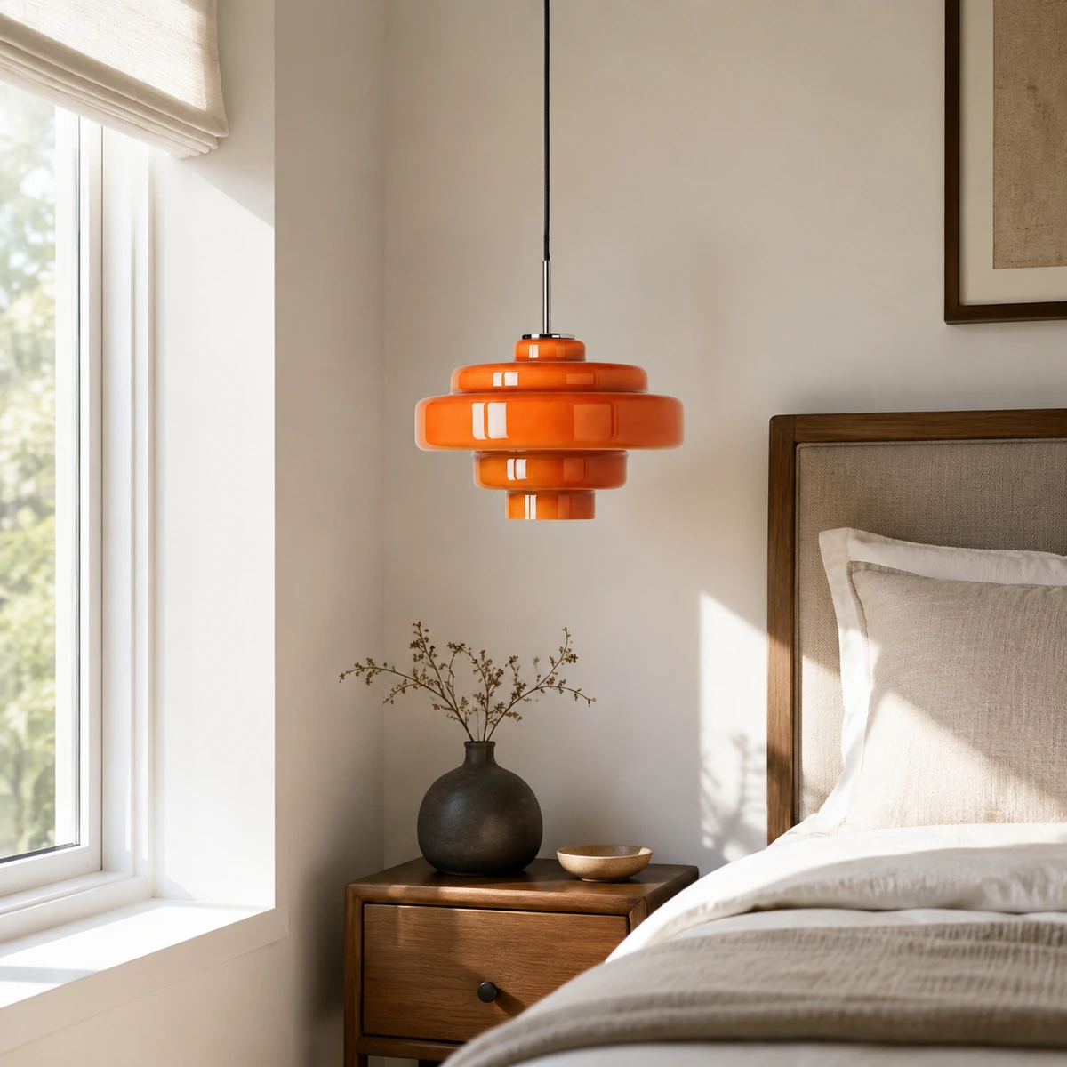 Orange layered glass pendant light in a bedside corner
