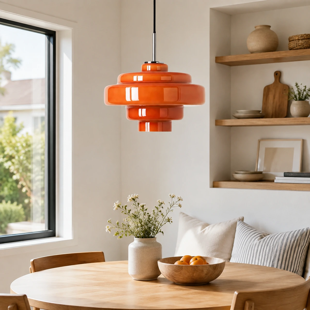 Orange layered glass pendant light in a dining nook