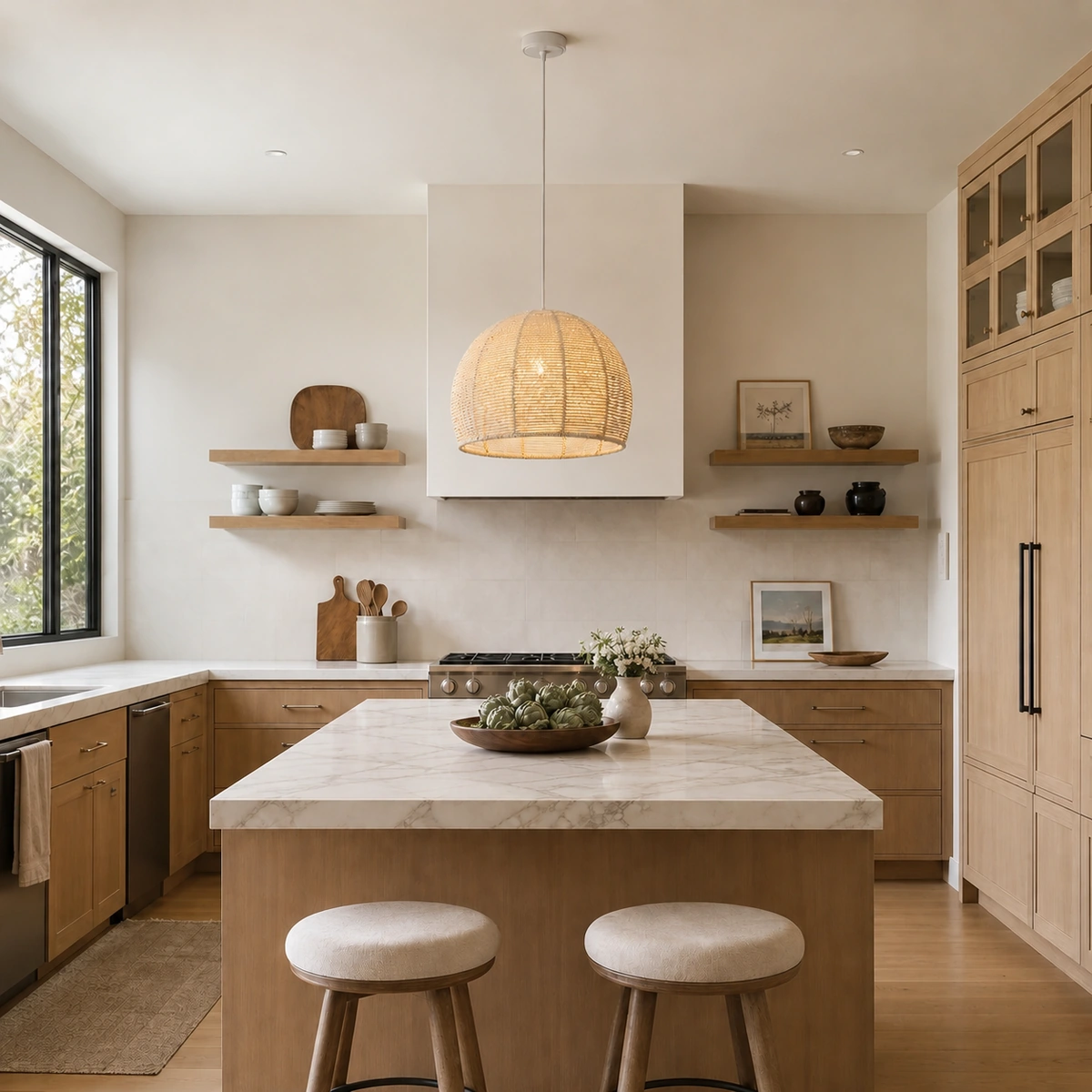 Beige rattan pendant above a kitchen island