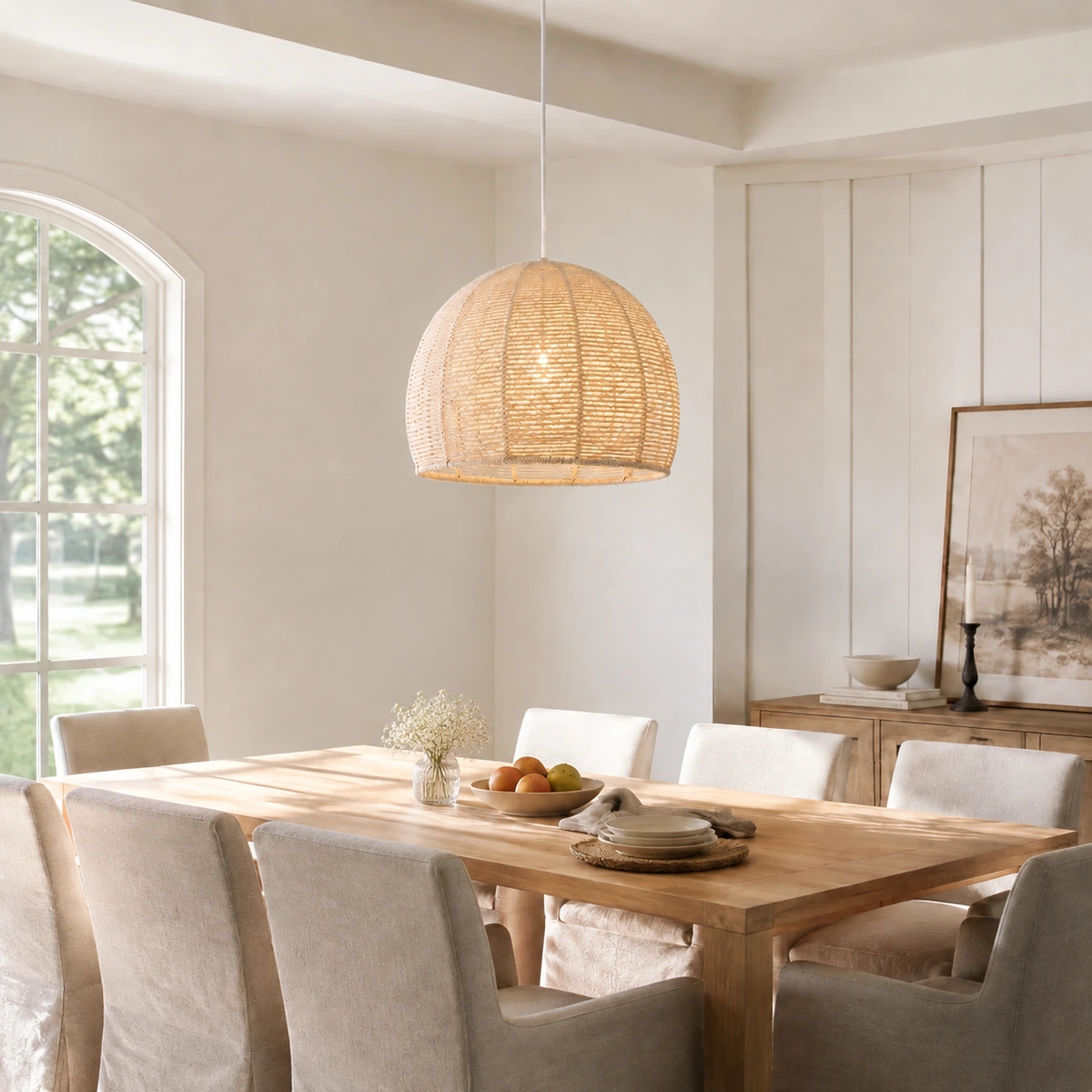 Beige rattan pendant above a dining table
