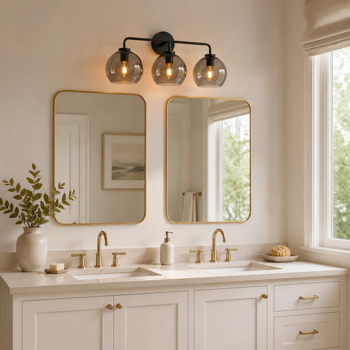 Orson sconce above a bright double vanity