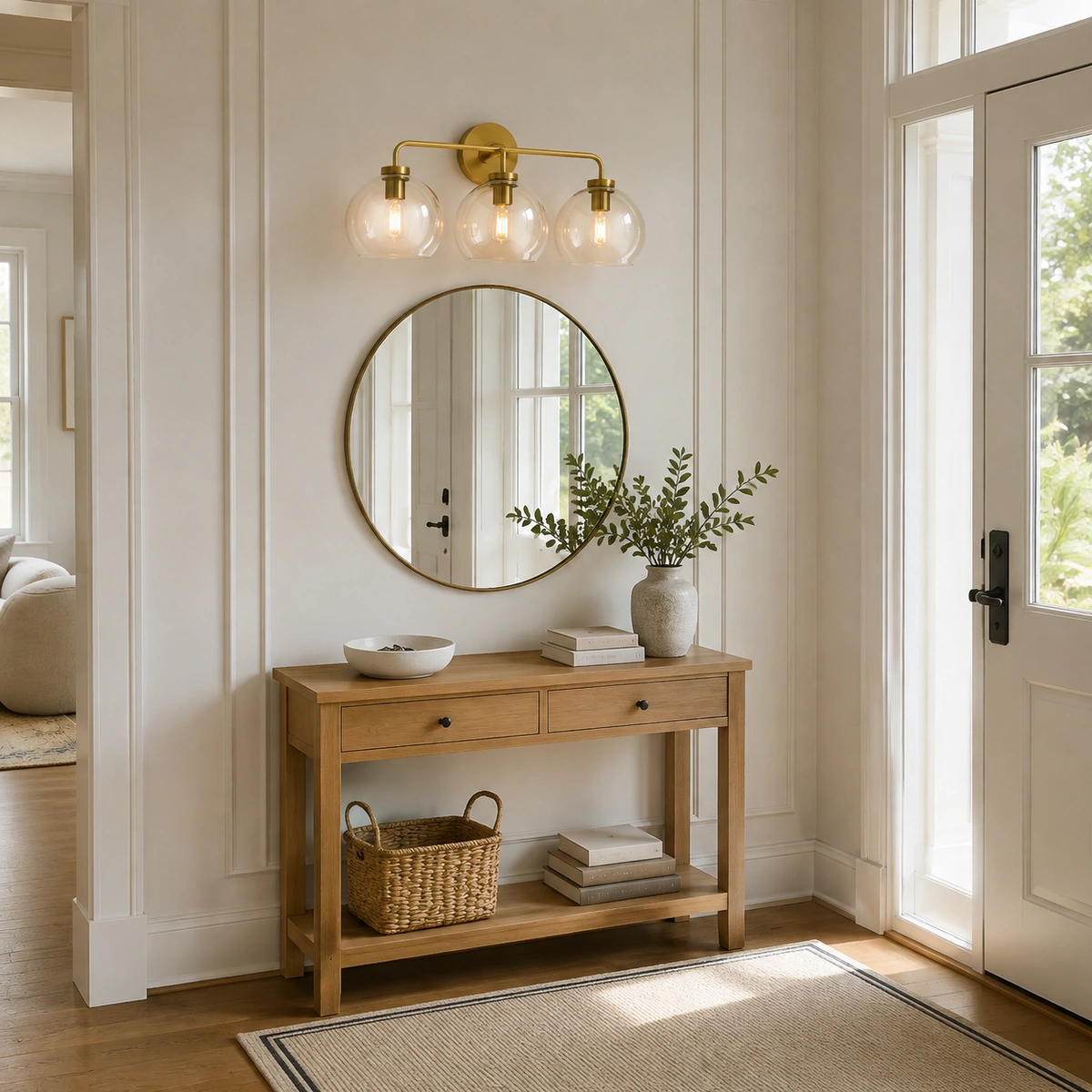 Orson sconce in a bright entry foyer