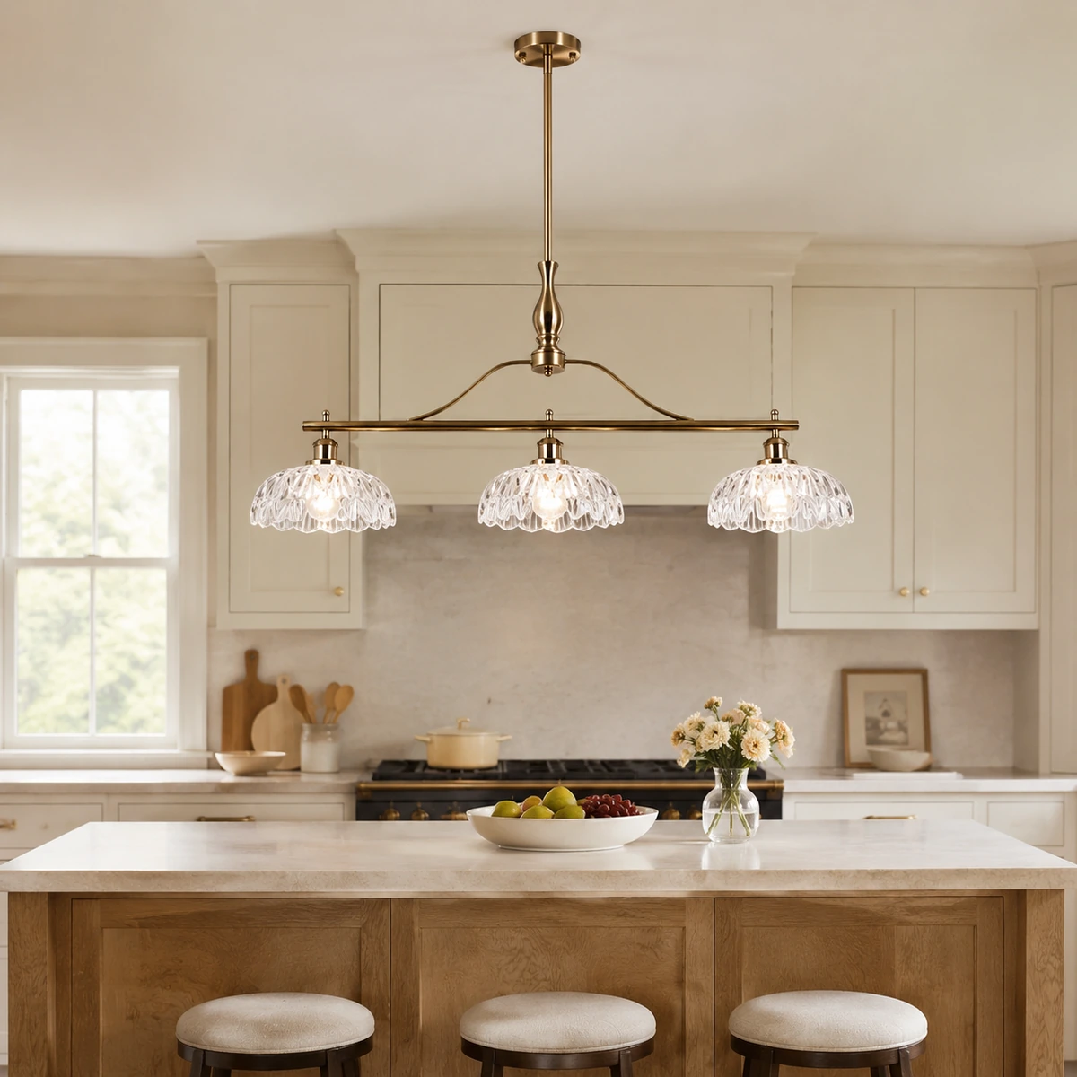 Rowan Vintage Textured Glass 3-Light Chandelier in Kitchen island