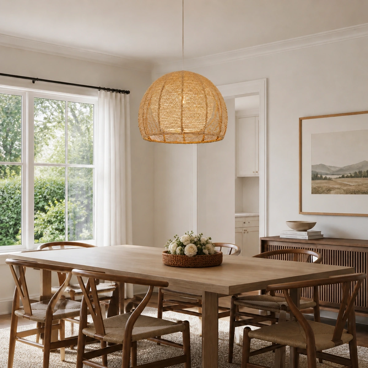 Brown rattan pendant above a dining table