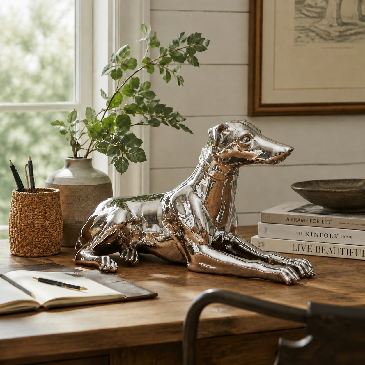 Miloche silver greyhound sculpture on a writing desk