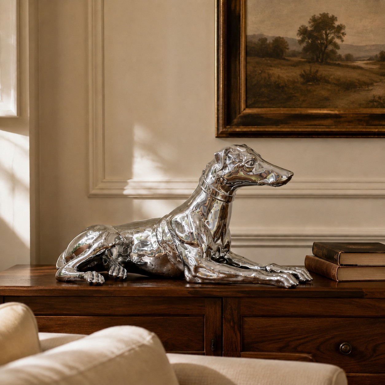 Miloche silver greyhound sculpture displayed on a dark wood console