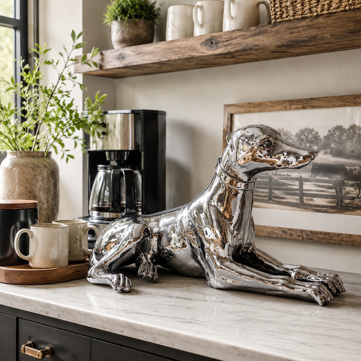 Miloche silver greyhound sculpture in a home coffee station