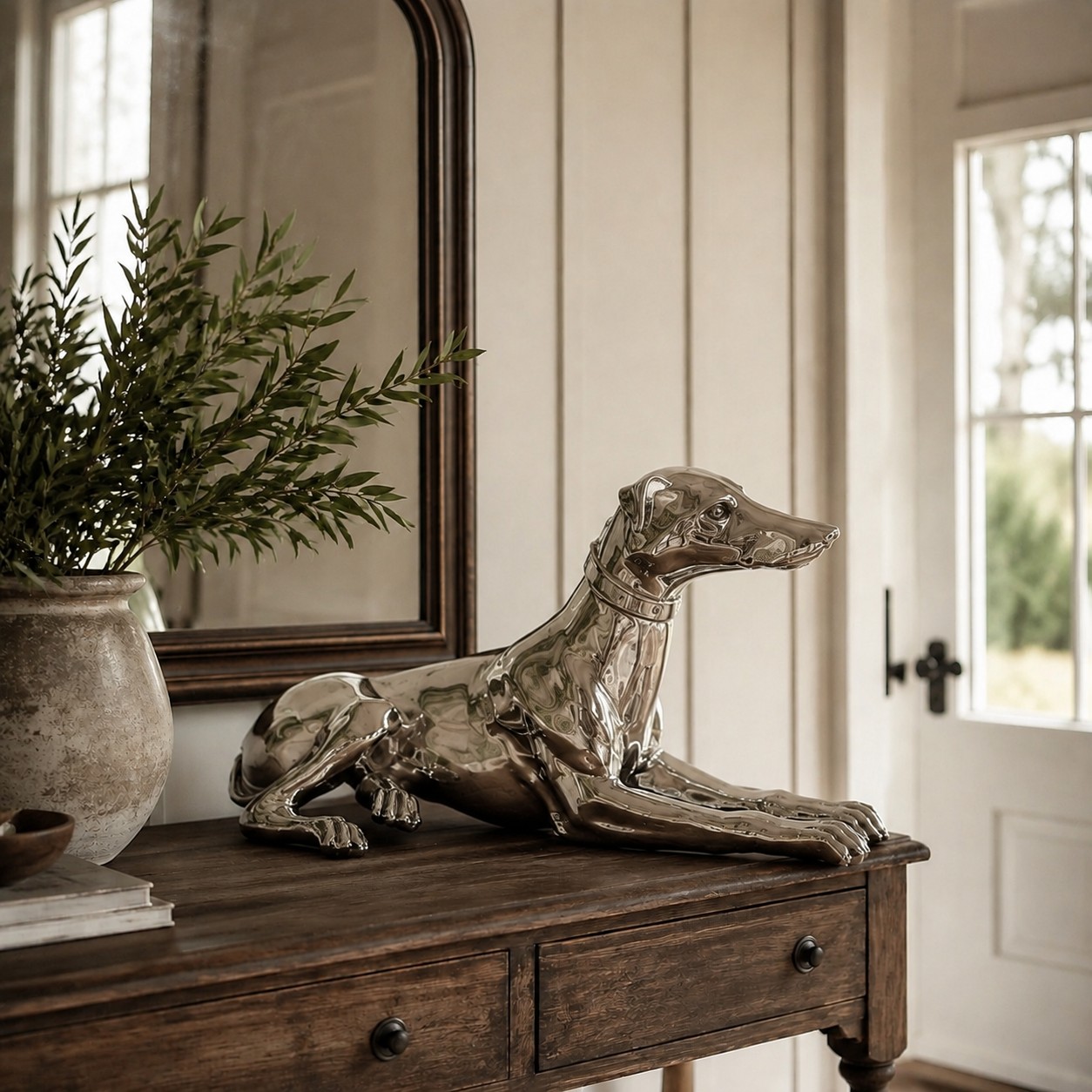 Miloche silver greyhound sculpture on an entryway console