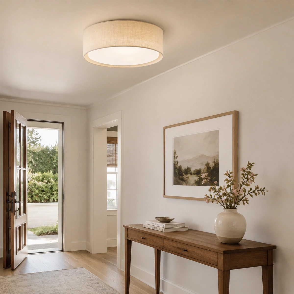 Shelby Modern Minimalist Slim LED Fabric Metal Round Shade Flush Mount Ceiling Light in Entry foyer
