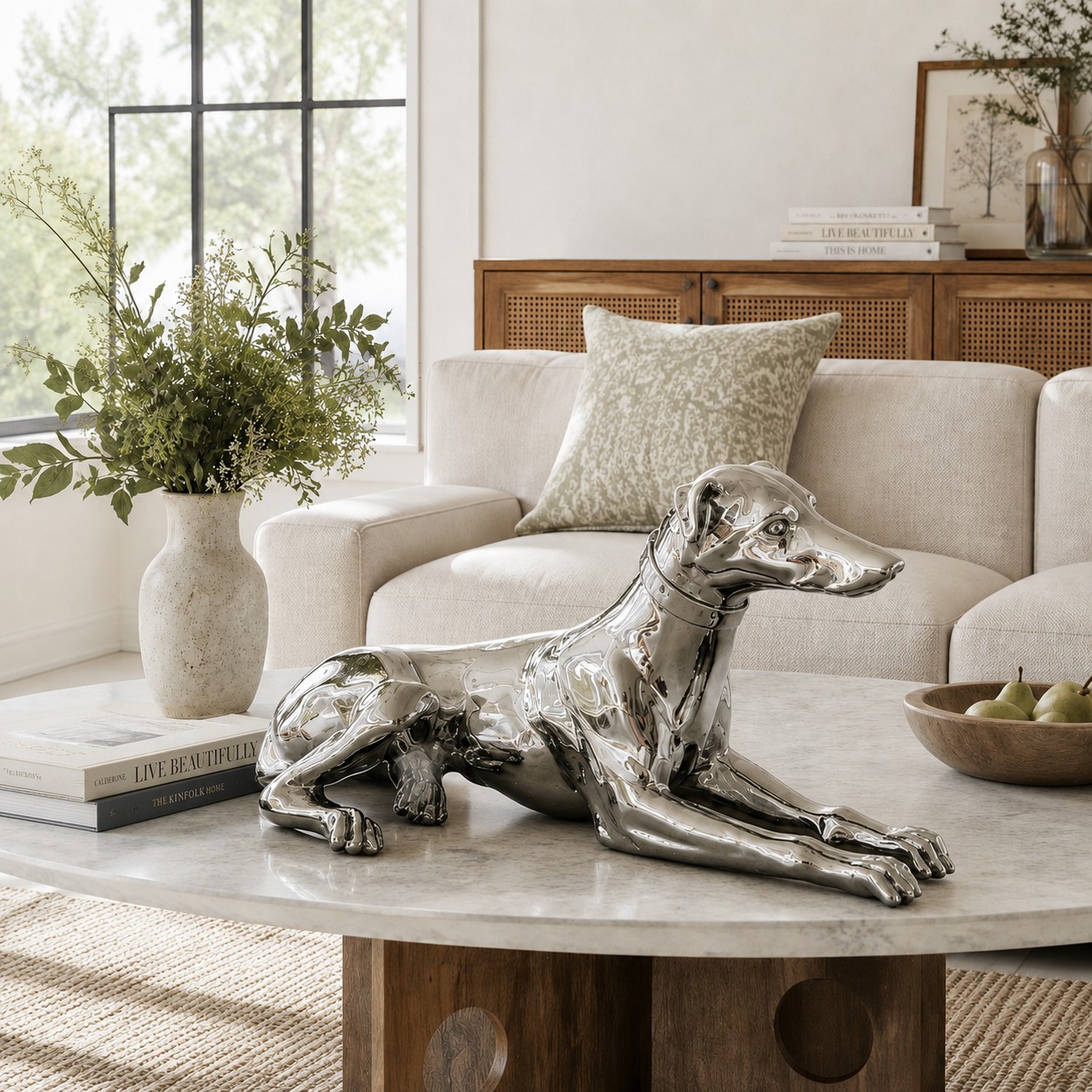 Miloche silver greyhound sculpture on a stone coffee table
