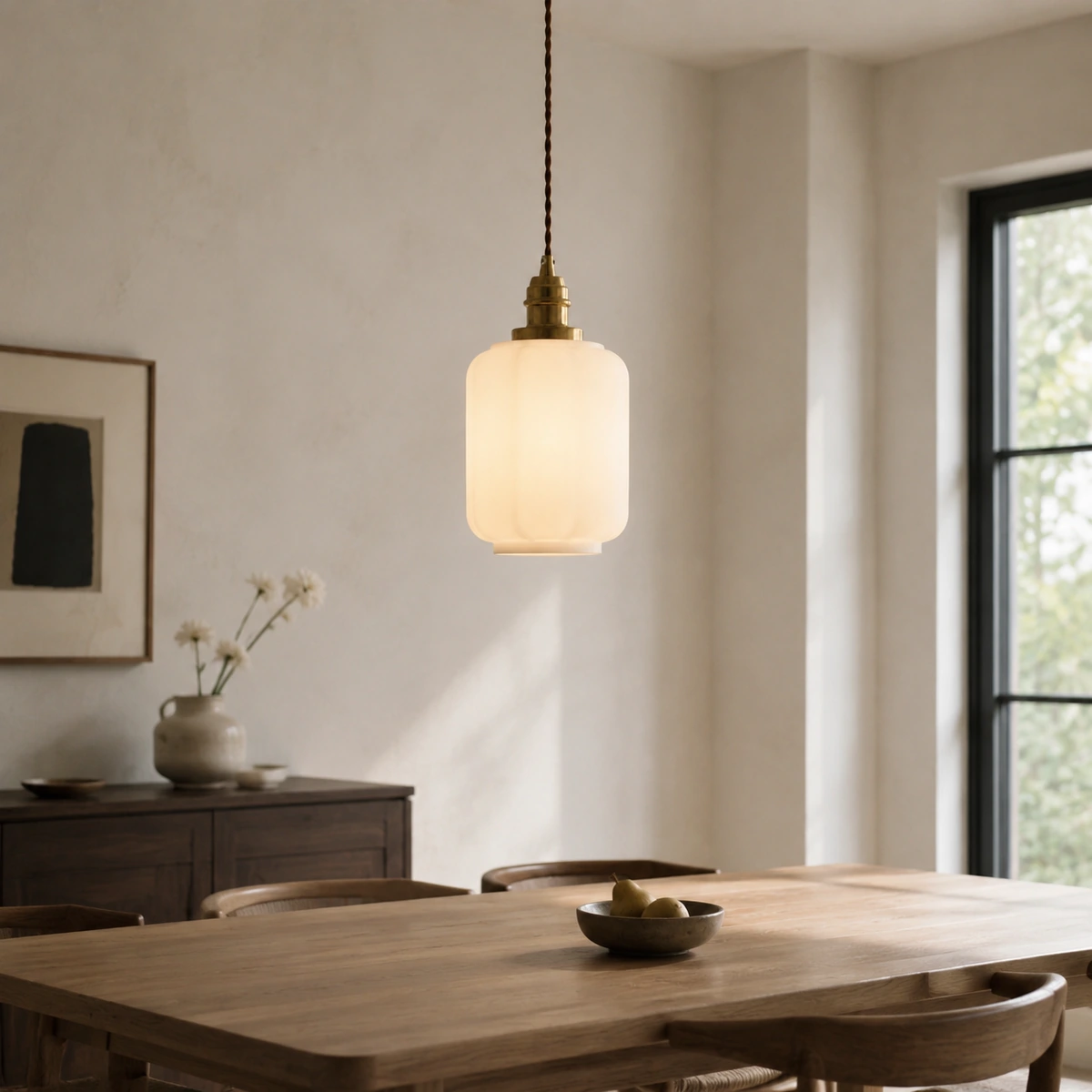 Julian Minimalist Milk Glass Lantern Dining Room Pendant Light in Dining room