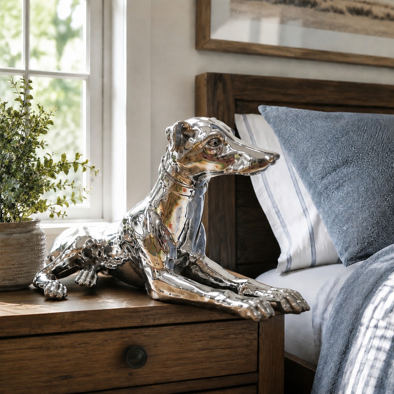 Miloche silver greyhound sculpture on a bedroom nightstand