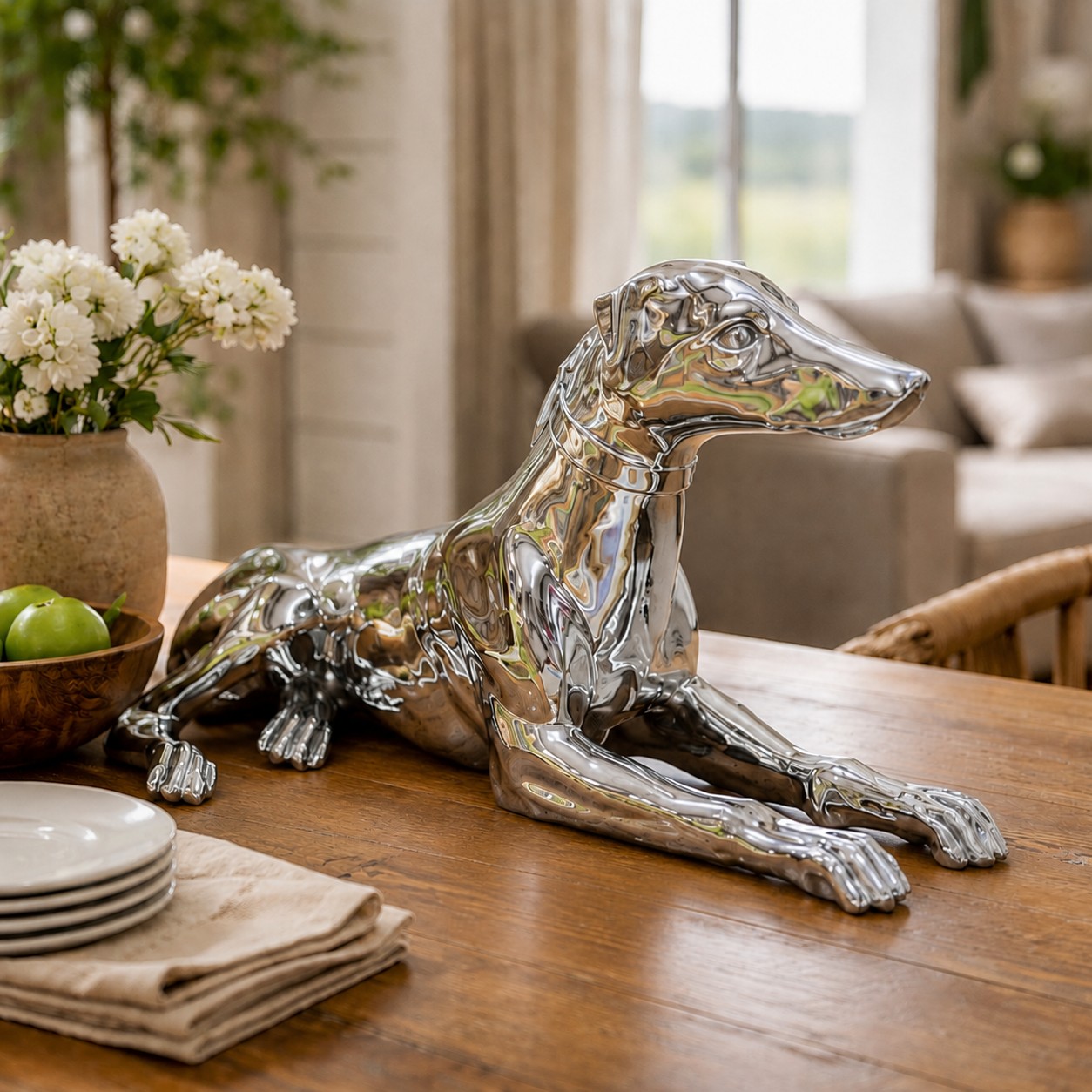 Miloche silver greyhound sculpture on a dining table