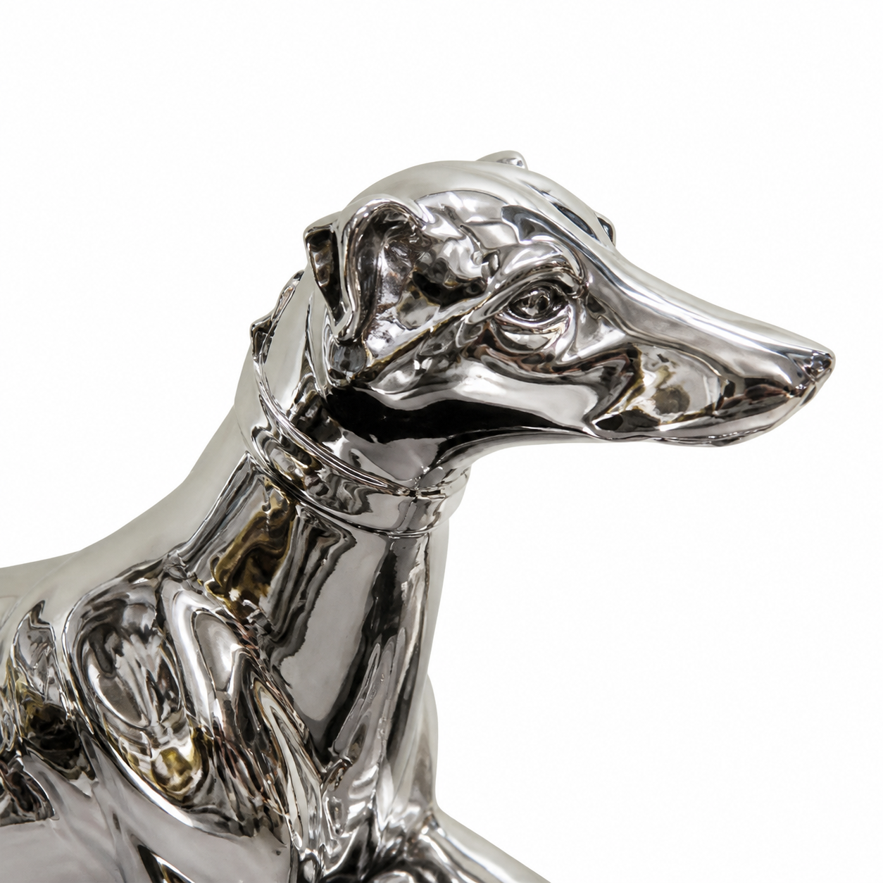 Close detail of the Miloche greyhound sculpture head and neck on white