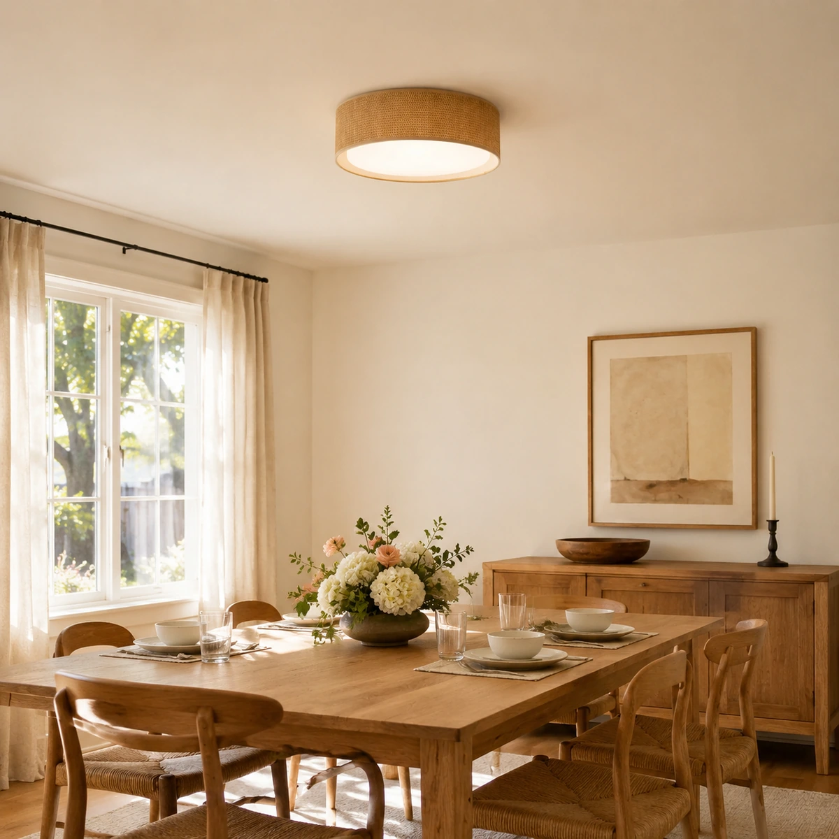 Shelby Modern Minimalist Slim LED Fabric Metal Round Shade Flush Mount Ceiling Light in Dining room