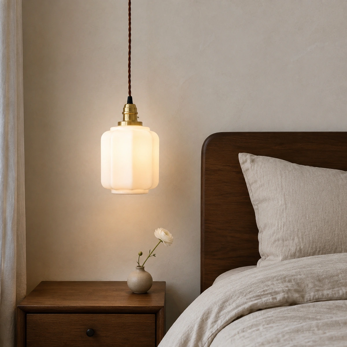Julian Minimalist Milk Glass Lantern Dining Room Pendant Light in Bedroom