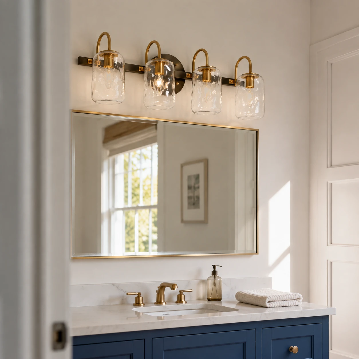 Four-light Blythe wall sconce above a blue guest bathroom vanity from a diagonal view