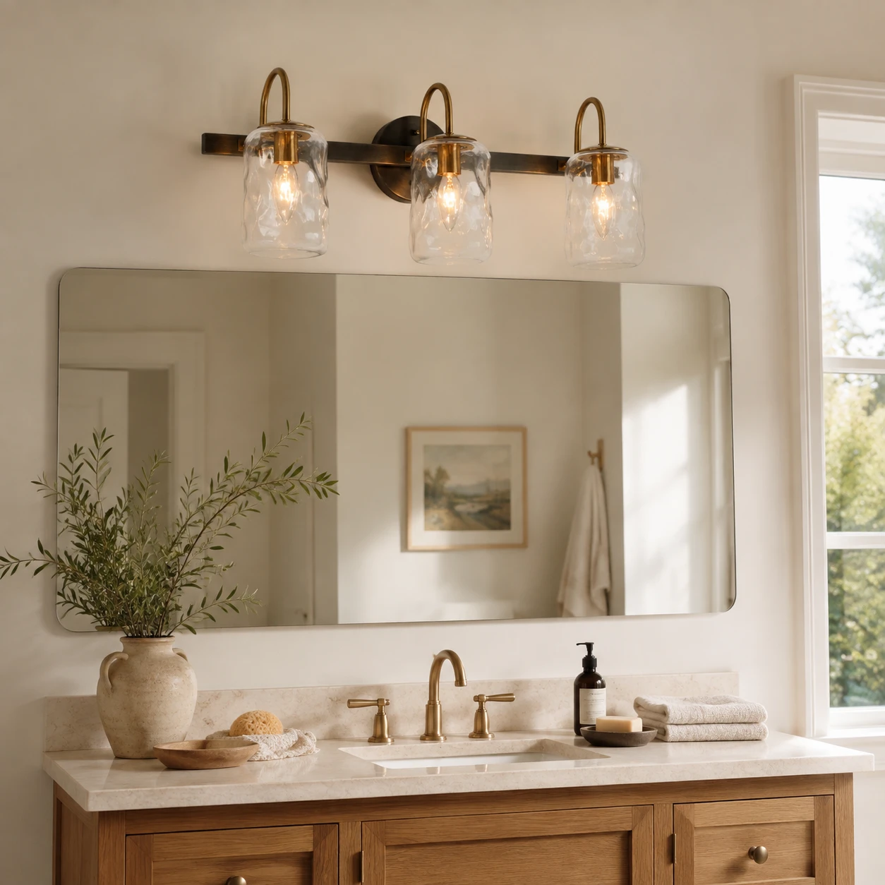 Three-light Blythe wall sconce above a warm wood bathroom vanity