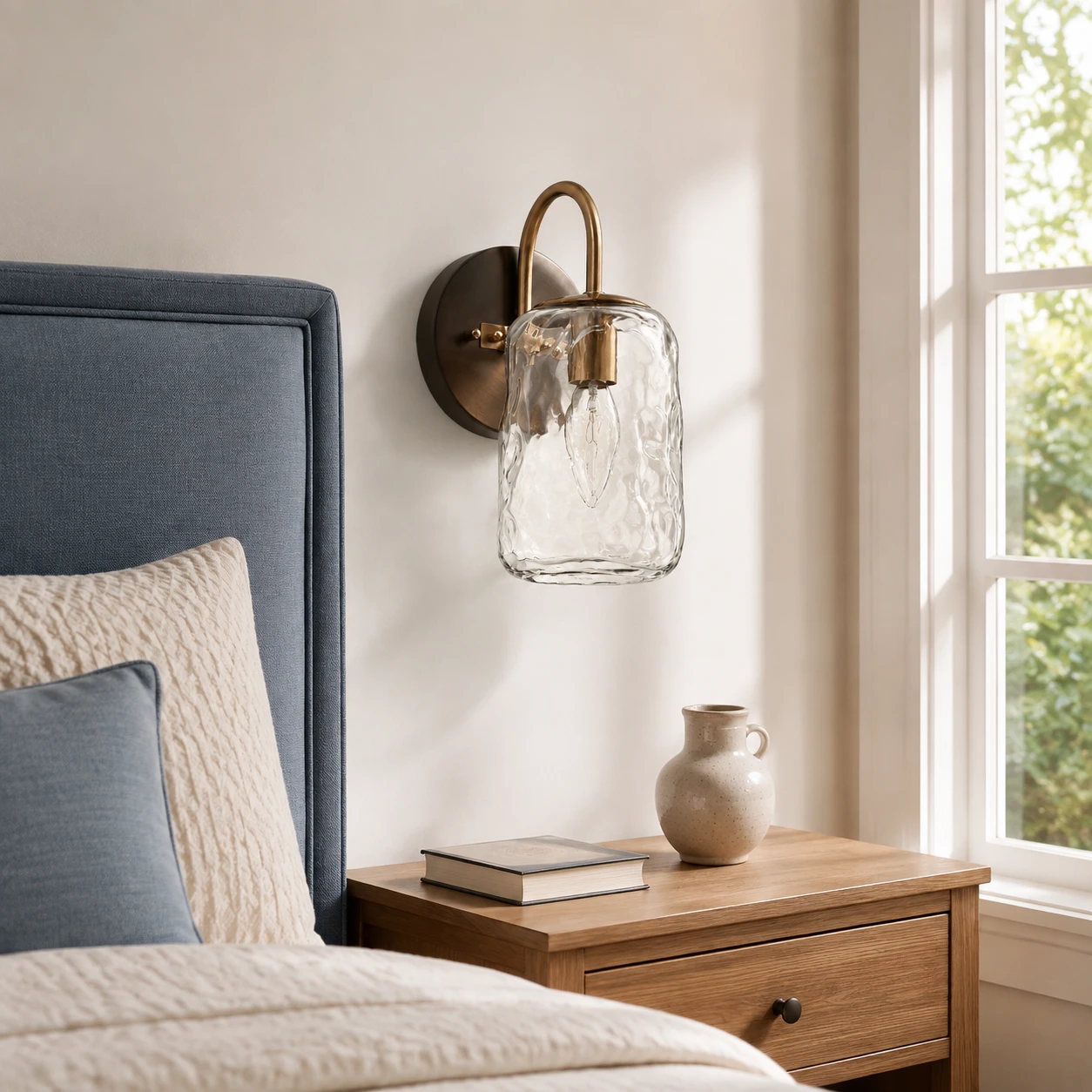One-light Blythe wall sconce beside a blue upholstered bed in morning light