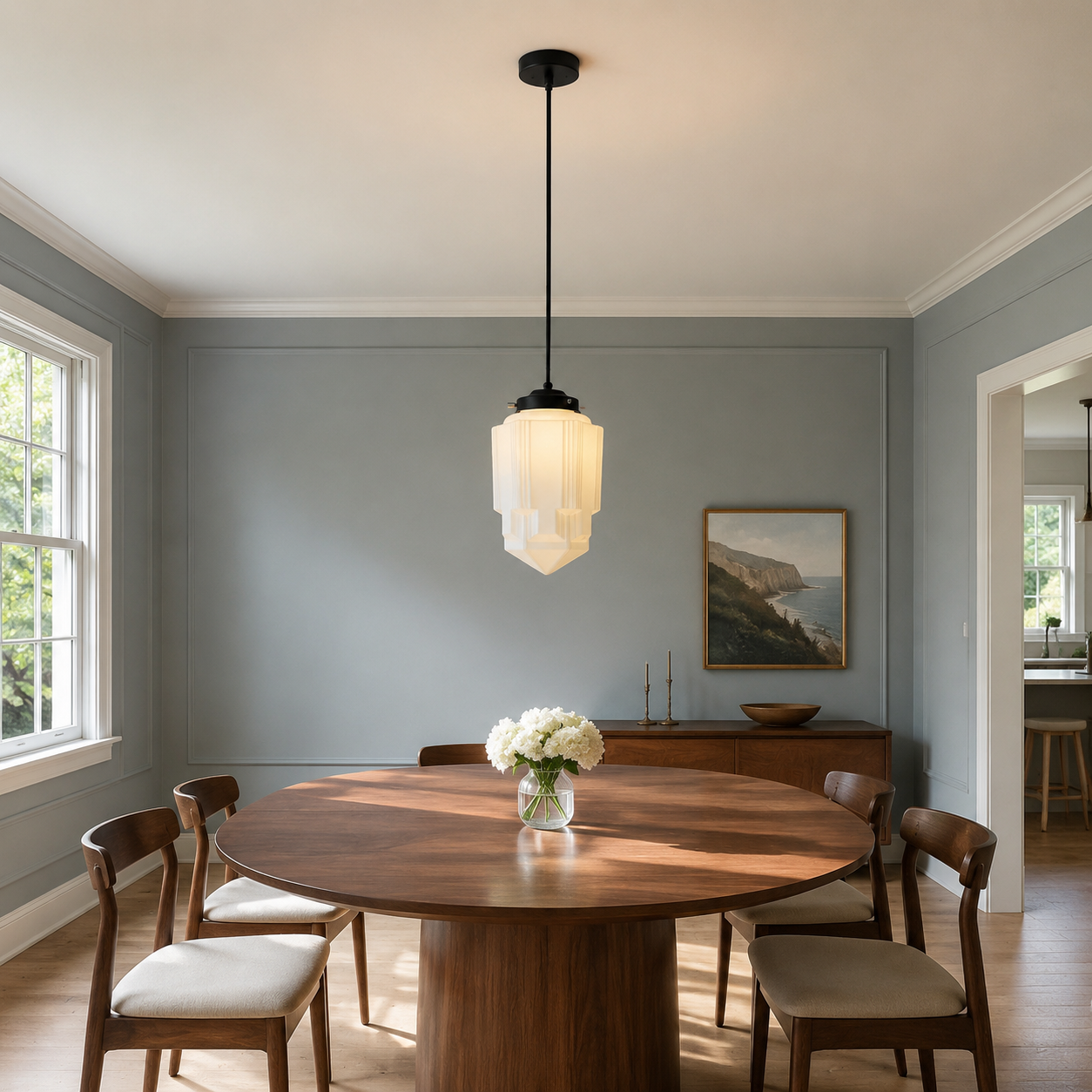 Lámpara colgante de cristal opalino modelo A sobre una mesa de comedor