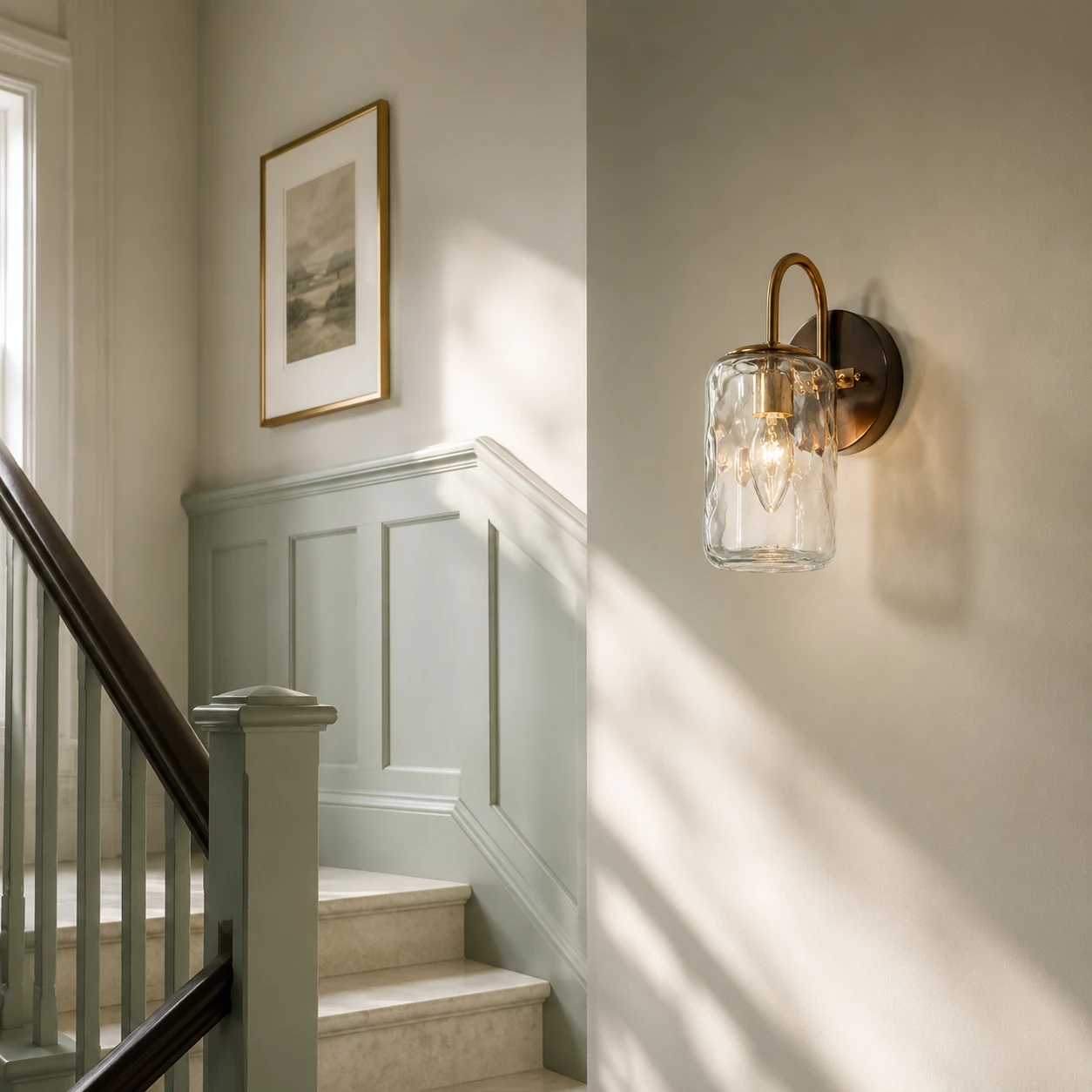 One-light Blythe wall sconce on a bright classic stair landing