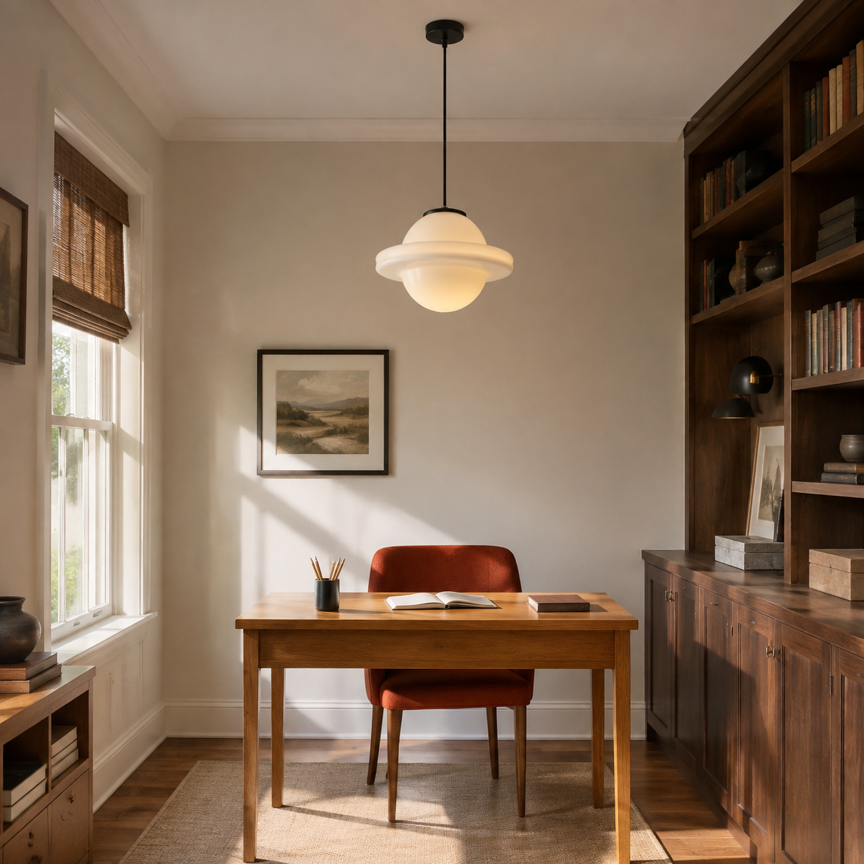 Lámpara colgante de cristal opalino modelo F sobre un escritorio de estudio en casa.
